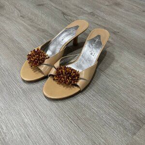 A. Marinelli Kitten Heel Peep Toe Tan Brown Sandal Wedges Women's Size 8